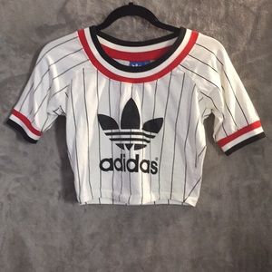 Adidas Red Black Striped Crop Top Shirt